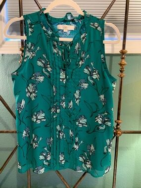 LOFT Teal Floral Ruffle-Tie Sleeveless Blouse